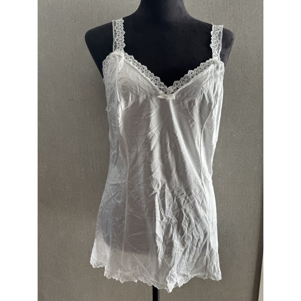 Vtg 80s Lady Romance White Nylon Lace Camisole Tank Top Cami Coquette Medium - Picture 1 of 6